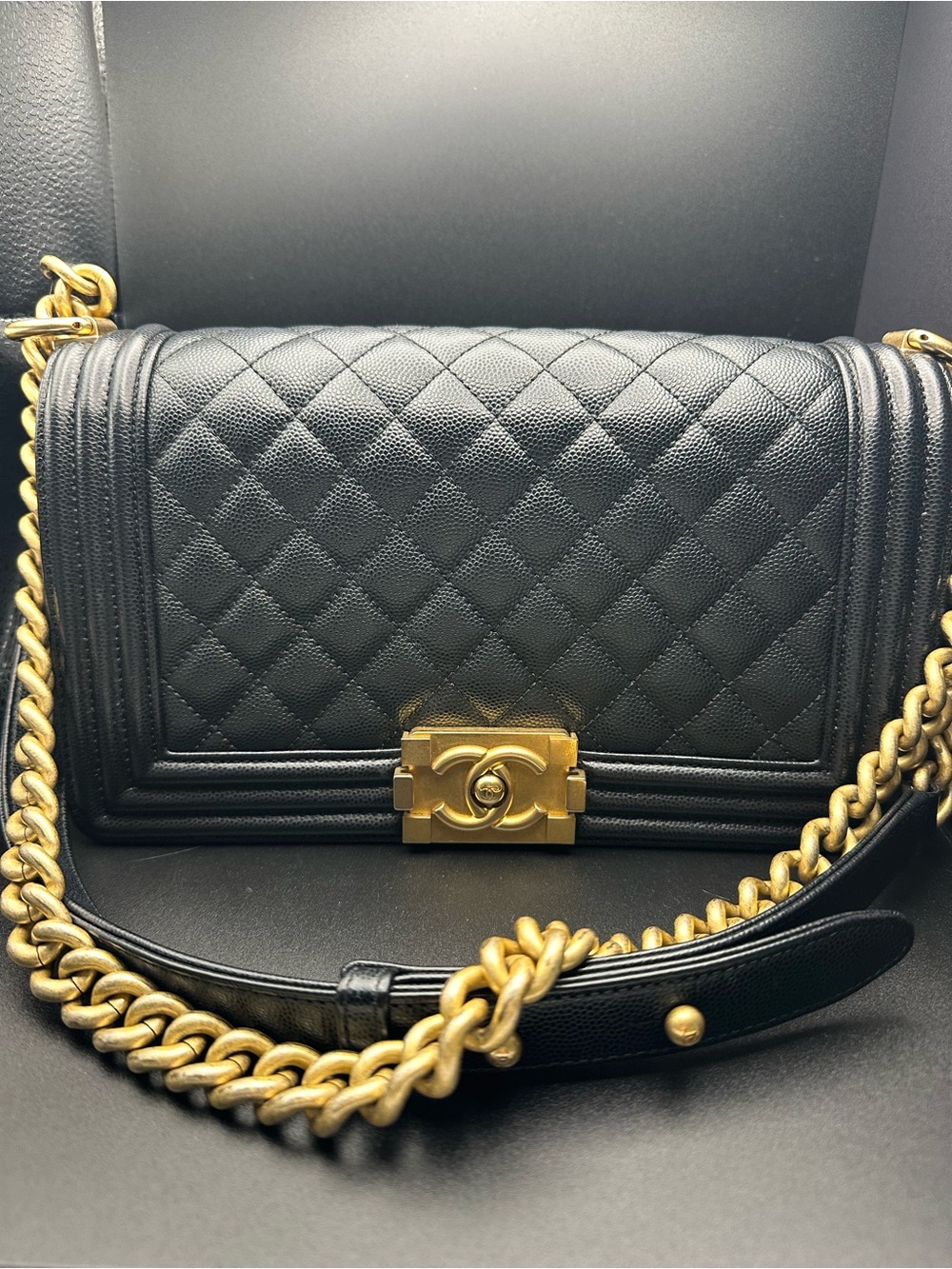 CHANEL Black Quilted Leather Shoulder Bag with Gold Hardware